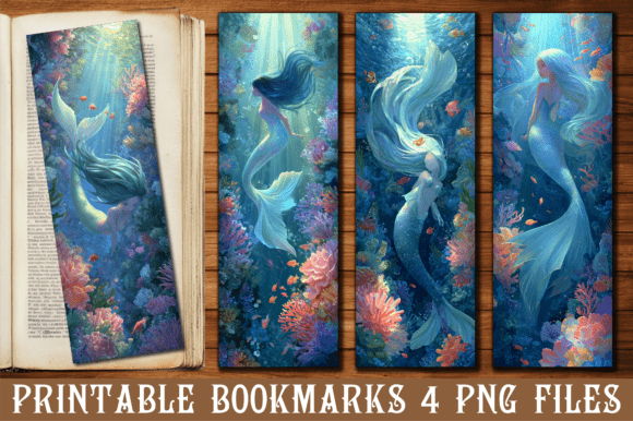 Blue Mermaid Coral Reef Fantasy Bookmark: A Graphic Design Asset for Crafts and Merch
