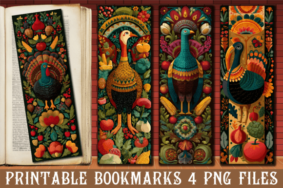 Folk Art Thanksgiving Turkey Bookmark: A Vibrant Graphic Design Asset for Crafts and Branding
