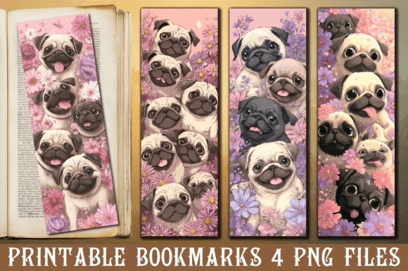 Kawaii Pug Puppy Floral Pattern Bookmark – A Versatile Graphic Design Asset for Creative Publishing