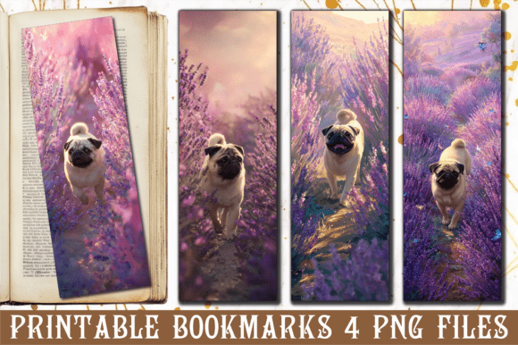 Pug Dog Lavender Flower Field Bookmark for Crafts and Graphics