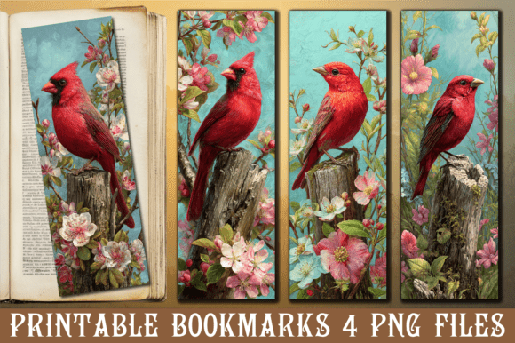 Red Cardinal Floral Scene PNG Bookmark – A Premium Graphic Design Asset for Creative Crafts
